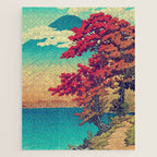 The New Year in Hisseii - Autumn Tree & Mountain by the Ocean Ukiyoe Nature Landscape in Red & Blue Jigsaw Puzzle Gallery Image 1
