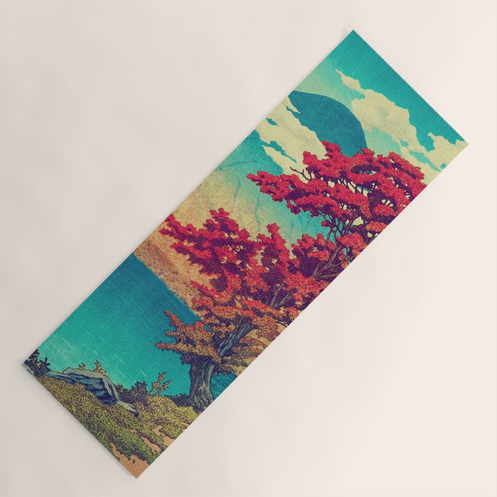 The New Year in Hisseii - Autumn Tree & Mountain by the Ocean Ukiyoe Nature Landscape in Red & Blue Yoga Mat Gallery Image 1