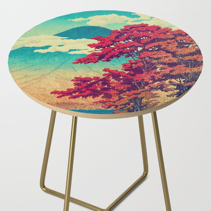 The New Year in Hisseii - Autumn Tree & Mountain by the Ocean Ukiyoe Nature Landscape in Red & Blue Side Table Gallery Image 2
