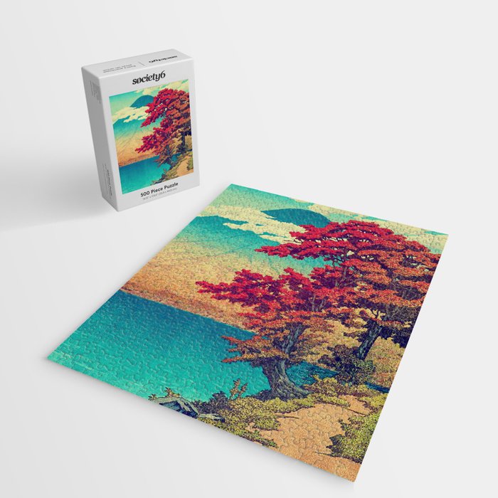 The New Year in Hisseii - Autumn Tree & Mountain by the Ocean Ukiyoe Nature Landscape in Red & Blue Jigsaw Puzzle Gallery Image 2