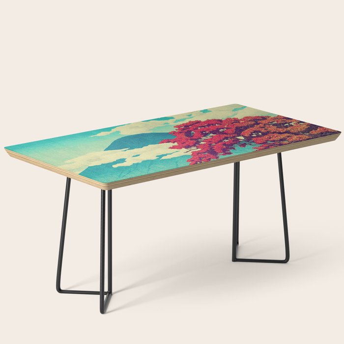 The New Year in Hisseii - Autumn Tree & Mountain by the Ocean Ukiyoe Nature Landscape in Red & Blue Coffee Table Gallery Image 1