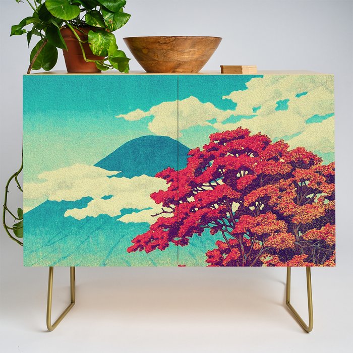 The New Year in Hisseii - Autumn Tree & Mountain by the Ocean Ukiyoe Nature Landscape in Red & Blue Credenza Gallery Image 1