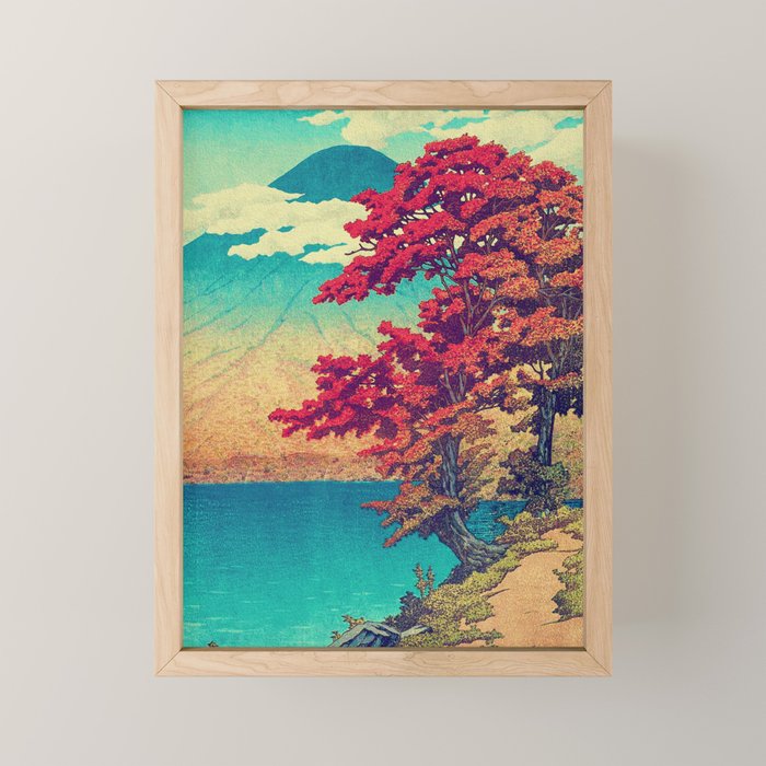 The New Year in Hisseii - Autumn Tree & Mountain by the Ocean Ukiyoe Nature Landscape in Red & Blue Mini Art Print Gallery Image 1