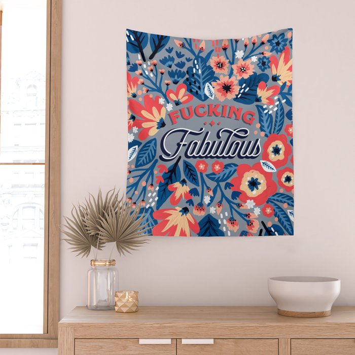 F*cking Fabulous - Denim & Coral Palette Wall Tapestry Gallery Image 2