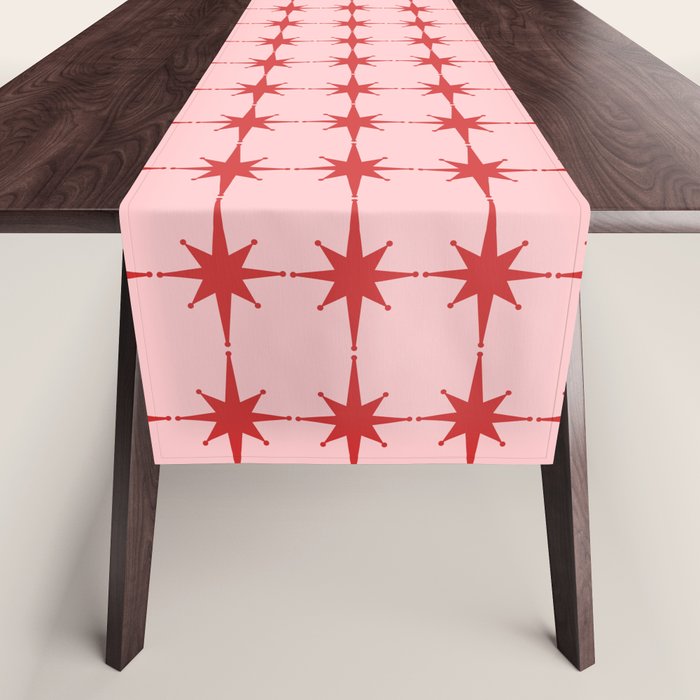 Mid Century Modern Atomic Stars Grid in Retro Christmas Red and Pink Table Runner Gallery Image 1