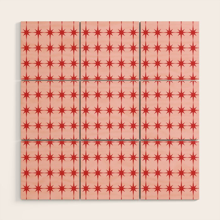 Mid Century Modern Atomic Stars Grid in Retro Christmas Red and Pink Wood Wall Art Gallery Image 1