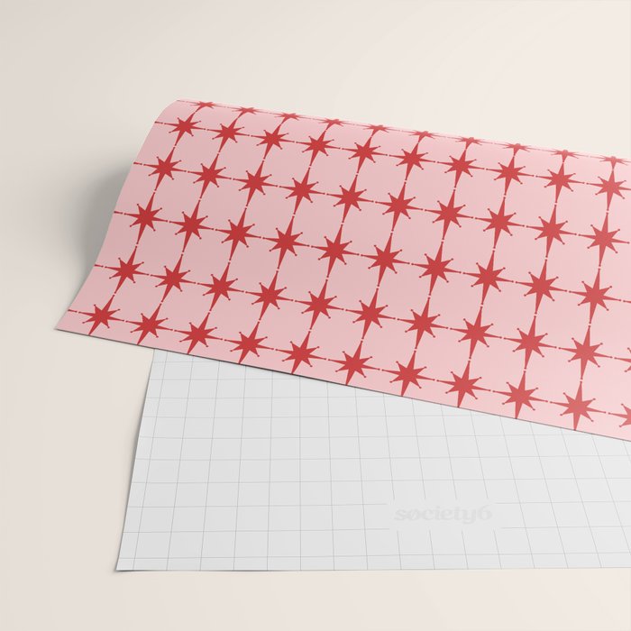 Mid Century Modern Atomic Stars Grid in Retro Christmas Red and Pink Wrapping Paper Gallery Image 2
