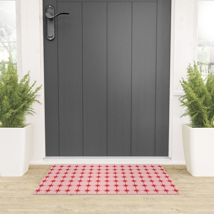 Mid Century Modern Atomic Stars Grid in Retro Christmas Red and Pink Welcome Mat Gallery Image 3