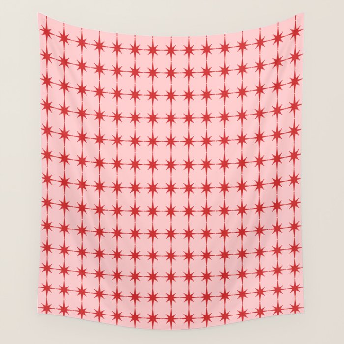 Mid Century Modern Atomic Stars Grid in Retro Christmas Red and Pink Wall Tapestry Gallery Image 1