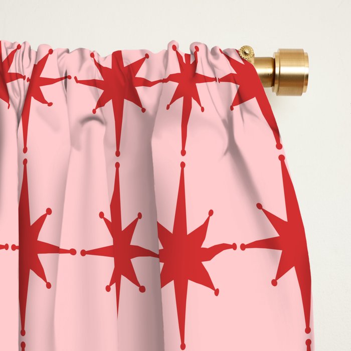 Mid Century Modern Atomic Stars Grid in Retro Christmas Red and Pink Window Curtain Gallery Image 2