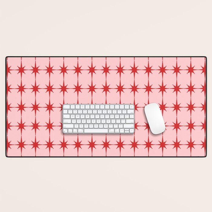 Mid Century Modern Atomic Stars Grid in Retro Christmas Red and Pink Desk Mat Gallery Image 1