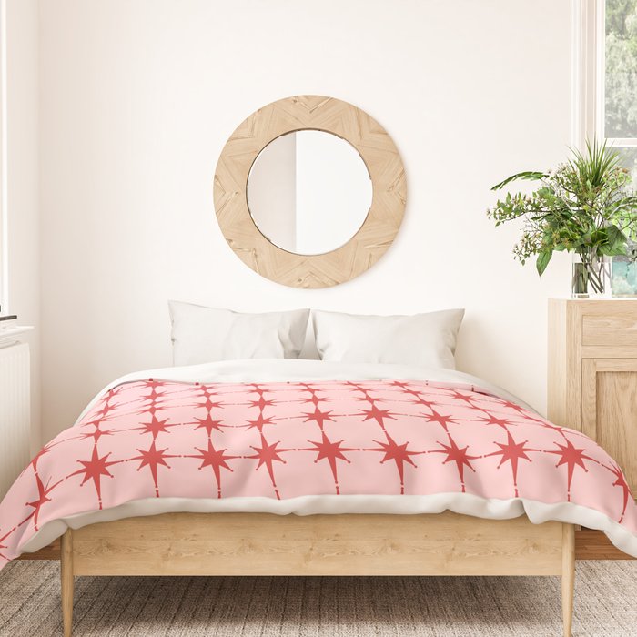 Mid Century Modern Atomic Stars Grid in Retro Christmas Red and Pink Duvet Cover Gallery Image 3
