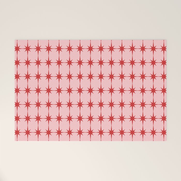 Mid Century Modern Atomic Stars Grid in Retro Christmas Red and Pink Welcome Mat Gallery Image 1