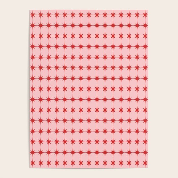 Mid Century Modern Atomic Stars Grid in Retro Christmas Red and Pink Poster Gallery Image 4