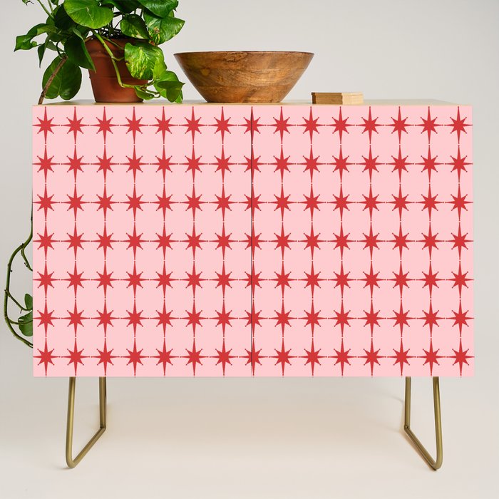Mid Century Modern Atomic Stars Grid in Retro Christmas Red and Pink Credenza Gallery Image 1