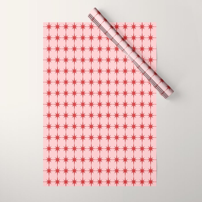Mid Century Modern Atomic Stars Grid in Retro Christmas Red and Pink Wrapping Paper Gallery Image 1