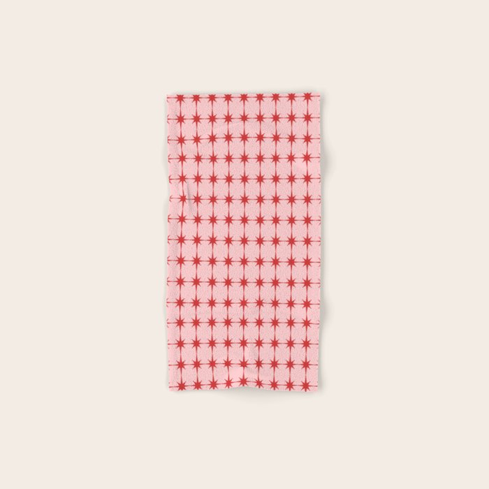 Mid Century Modern Atomic Stars Grid in Retro Christmas Red and Pink Bath Towel Gallery Image 1