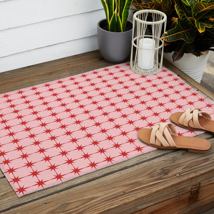 Mid Century Modern Atomic Stars Grid in Retro Christmas Red and Pink Outdoor Rug Gallery Image 2