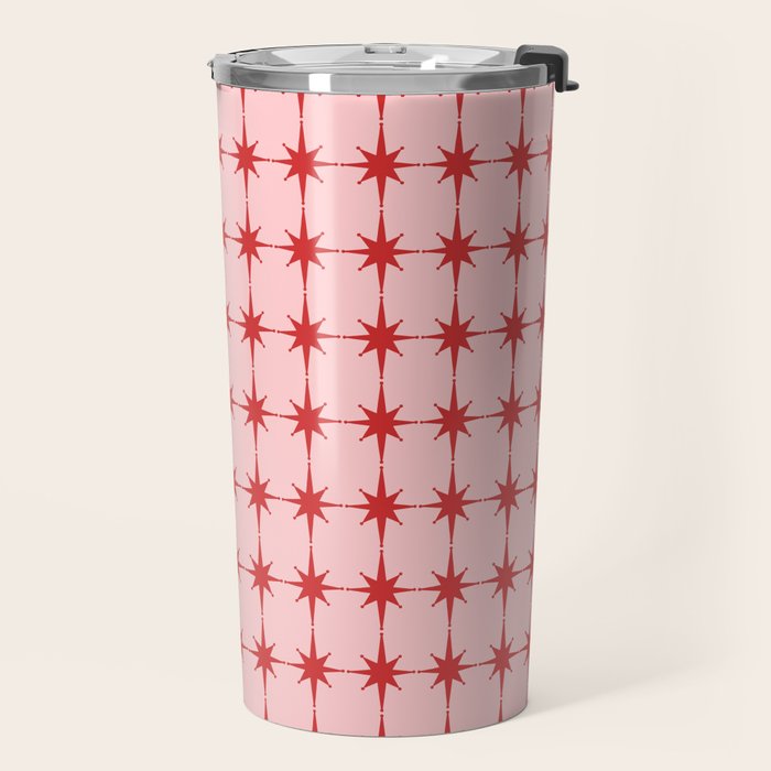 Mid Century Modern Atomic Stars Grid in Retro Christmas Red and Pink Travel Mug Gallery Image 2