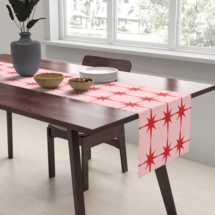Mid Century Modern Atomic Stars Grid in Retro Christmas Red and Pink Table Runner Gallery Image 2