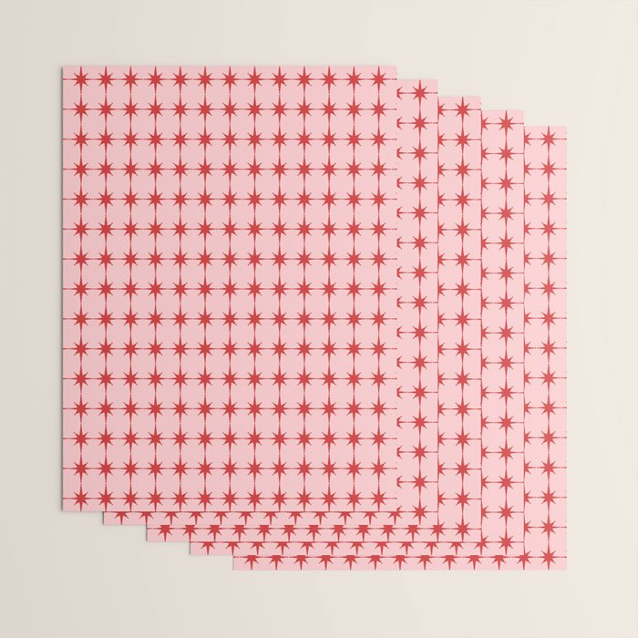 Mid Century Modern Atomic Stars Grid in Retro Christmas Red and Pink Wrapping Paper Gallery Image 3