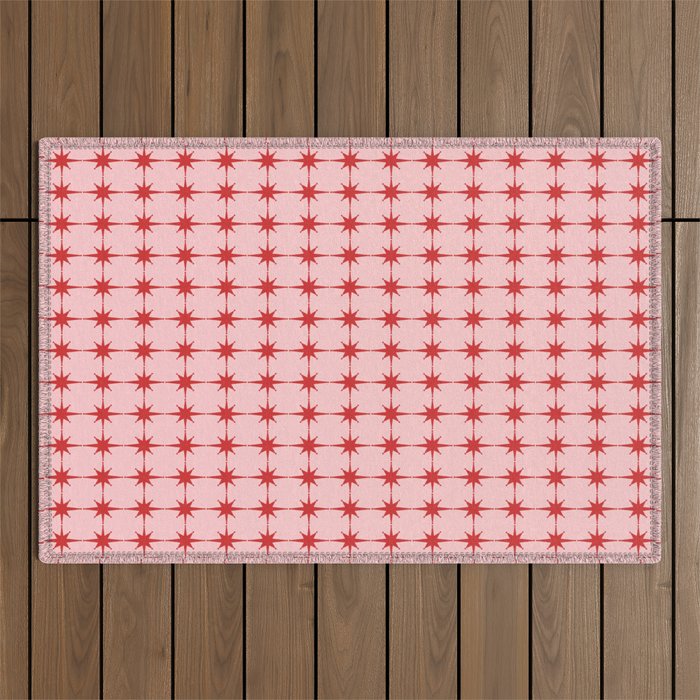 Mid Century Modern Atomic Stars Grid in Retro Christmas Red and Pink Outdoor Rug Gallery Image 1