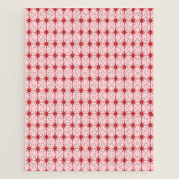 Mid Century Modern Atomic Stars Grid in Retro Christmas Red and Pink Jigsaw Puzzle Gallery Image 1
