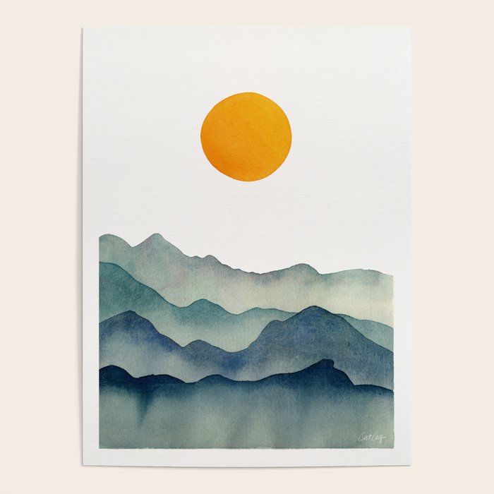 Mountain Range Silhouette - Blue & Yellow Poster Gallery Image 1