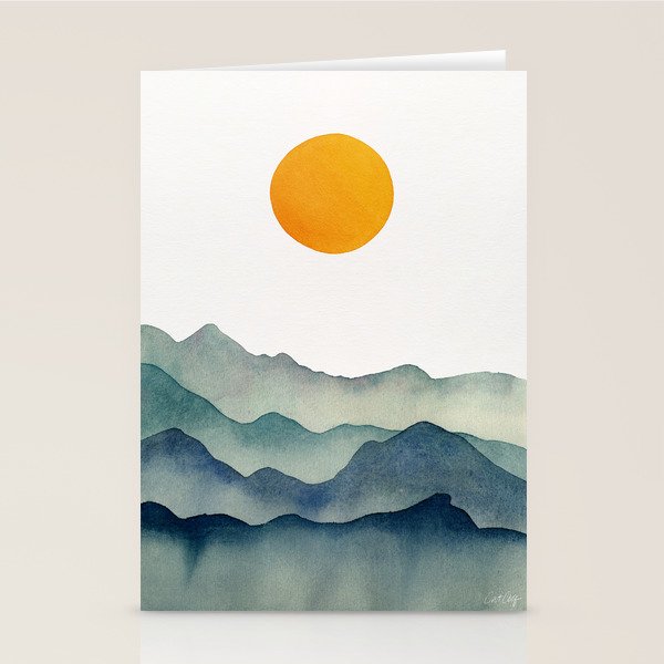 Mountain Range Silhouette - Blue & Yellow Stationery Card Gallery Image 1
