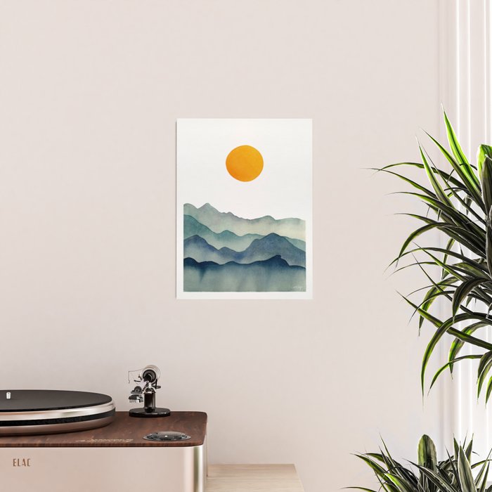 Mountain Range Silhouette - Blue & Yellow Poster Gallery Image 2