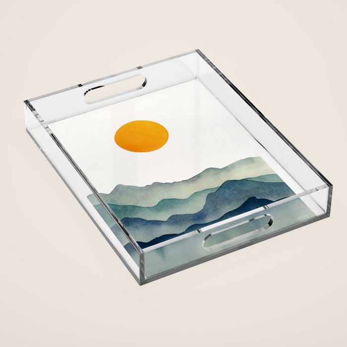 Mountain Range Silhouette - Blue & Yellow Acrylic Tray Gallery Image 1