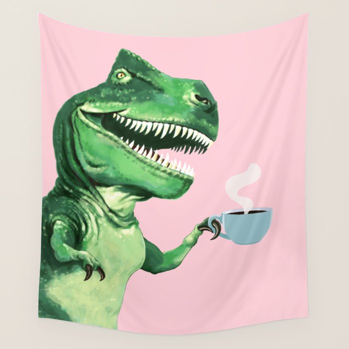 T-Rex Enjoying Coffee in Pink Wall Tapestry Gallery Image 4