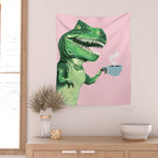 T-Rex Enjoying Coffee in Pink Wall Tapestry Gallery Image 2