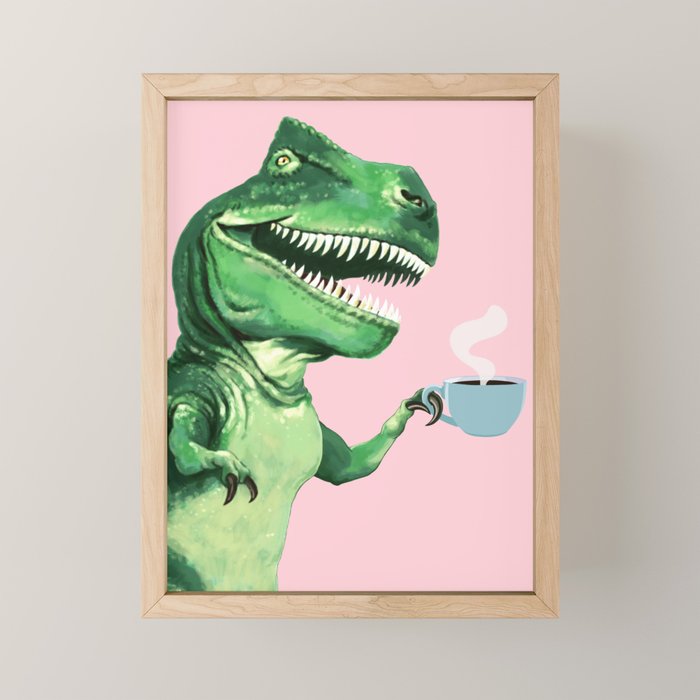 T-Rex Enjoying Coffee in Pink Mini Art Print Gallery Image 1