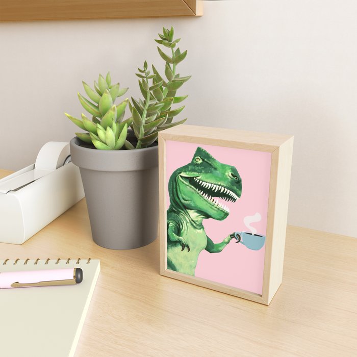T-Rex Enjoying Coffee in Pink Mini Art Print Gallery Image 2