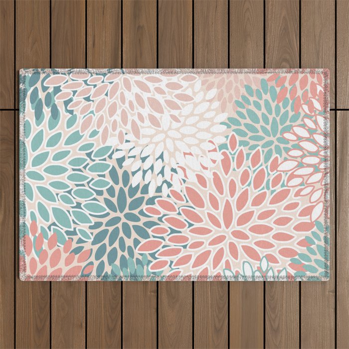 Modern Flowers Print, Coral, Pink and Teal Outdoor Rug Gallery Image 1
