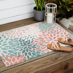 Modern Flowers Print, Coral, Pink and Teal Outdoor Rug Gallery Image 2