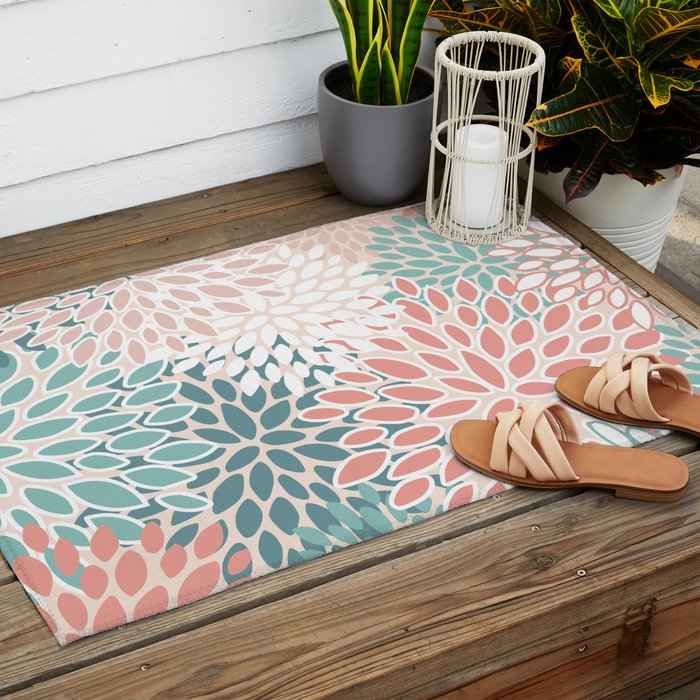 Modern Flowers Print, Coral, Pink and Teal Outdoor Rug Gallery Image 2
