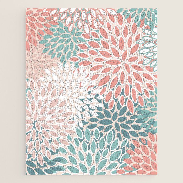 Modern Flowers Print, Coral, Pink and Teal Jigsaw Puzzle Gallery Image 1