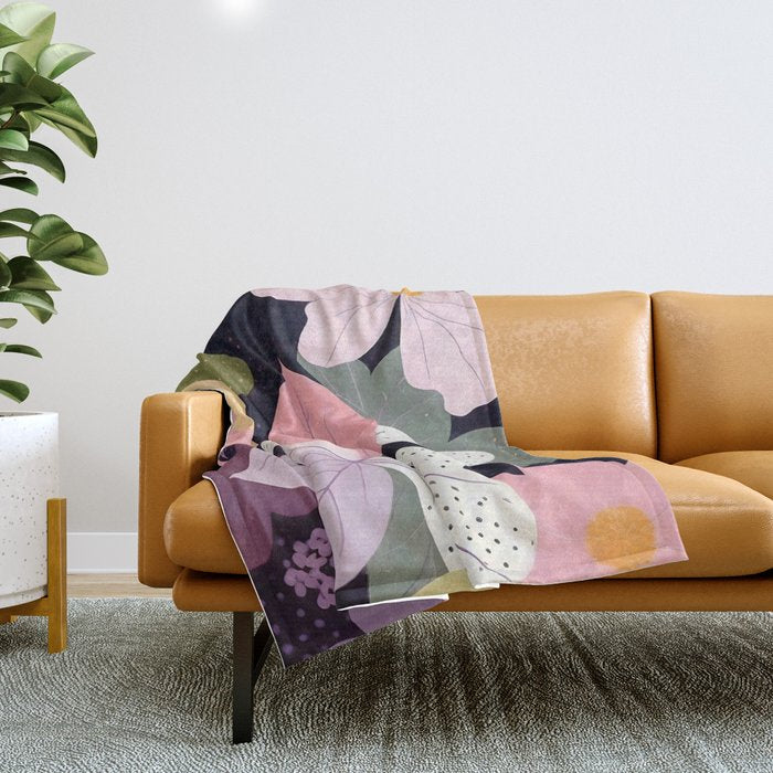 Hope Blossoms, Nature Botanical Dark Garden, Positivity Blush Pastel Bohemian, Vintage Illustration Painting Neutral Eclectic Plants Throw Blanket Gallery Image 1