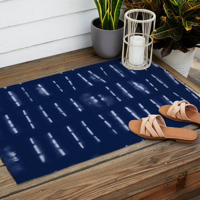 White stripes over blue shibori tie dye pattern Outdoor Rug Gallery Image 2