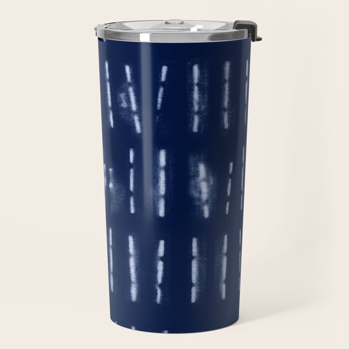 White stripes over blue shibori tie dye pattern Travel Mug Gallery Image 2