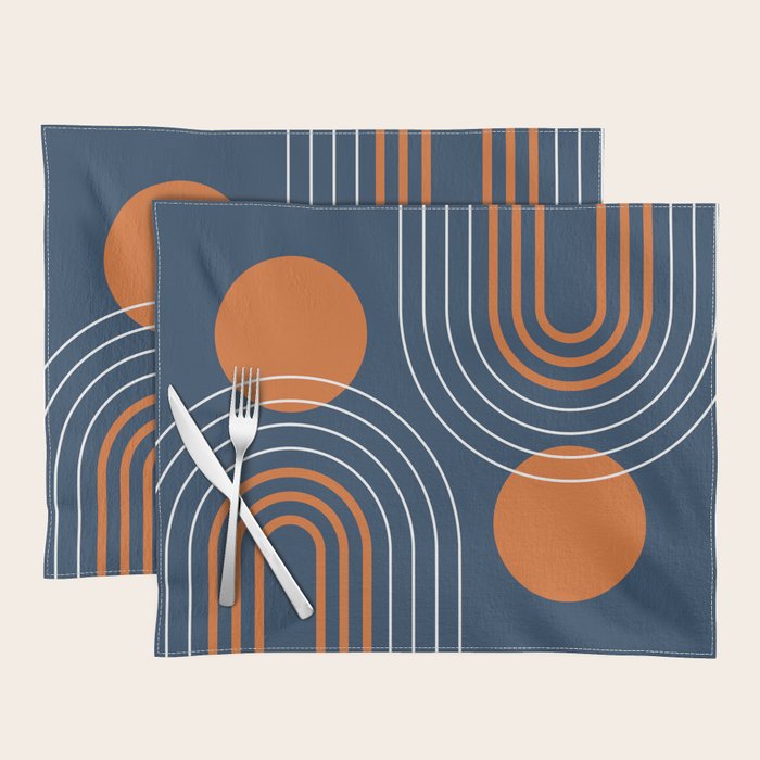 Mid Century Modern Geometric 111 in Navy Blue and Vintage Orange (Rainbow and Sun Abstraction) Placemat