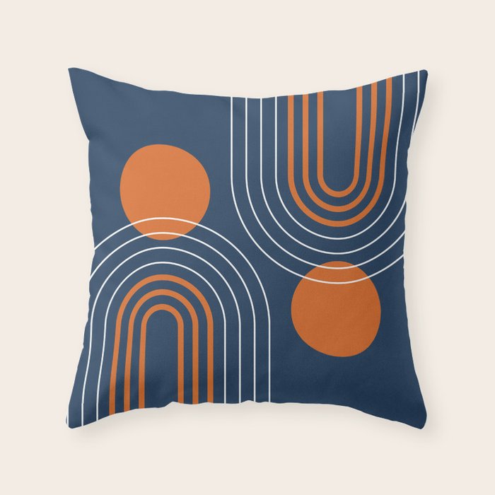 Mid Century Modern Geometric 111 in Navy Blue and Vintage Orange (Rainbow and Sun Abstraction) Throw Pillow Gallery Image 6