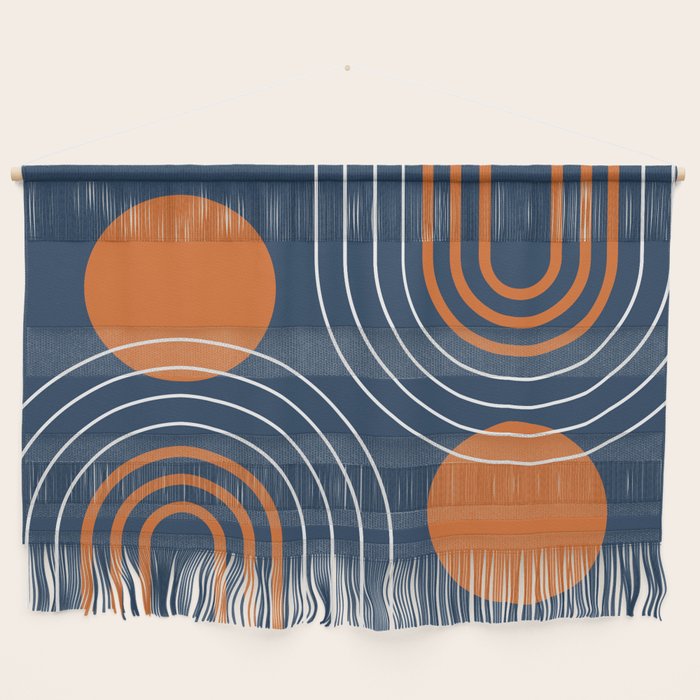 Mid Century Modern Geometric 111 in Navy Blue and Vintage Orange (Rainbow and Sun Abstraction) Wall Hanging Gallery Image 1