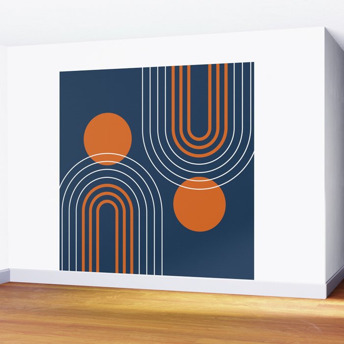 Mid Century Modern Geometric 111 in Navy Blue and Vintage Orange (Rainbow and Sun Abstraction) Wall Mural Gallery Image 2