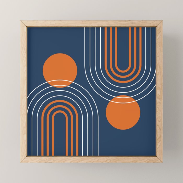 Mid Century Modern Geometric 111 in Navy Blue and Vintage Orange (Rainbow and Sun Abstraction) Mini Art Print Gallery Image 1