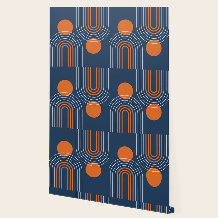 Mid Century Modern Geometric 111 in Navy Blue and Vintage Orange (Rainbow and Sun Abstraction) Wallpaper Gallery Image 2