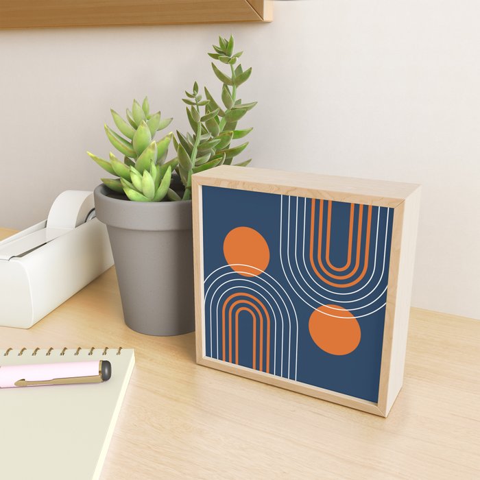 Mid Century Modern Geometric 111 in Navy Blue and Vintage Orange (Rainbow and Sun Abstraction) Mini Art Print Gallery Image 2