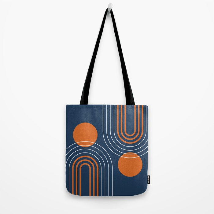 Mid Century Modern Geometric 111 in Navy Blue and Vintage Orange (Rainbow and Sun Abstraction) Tote Bag Gallery Image 2